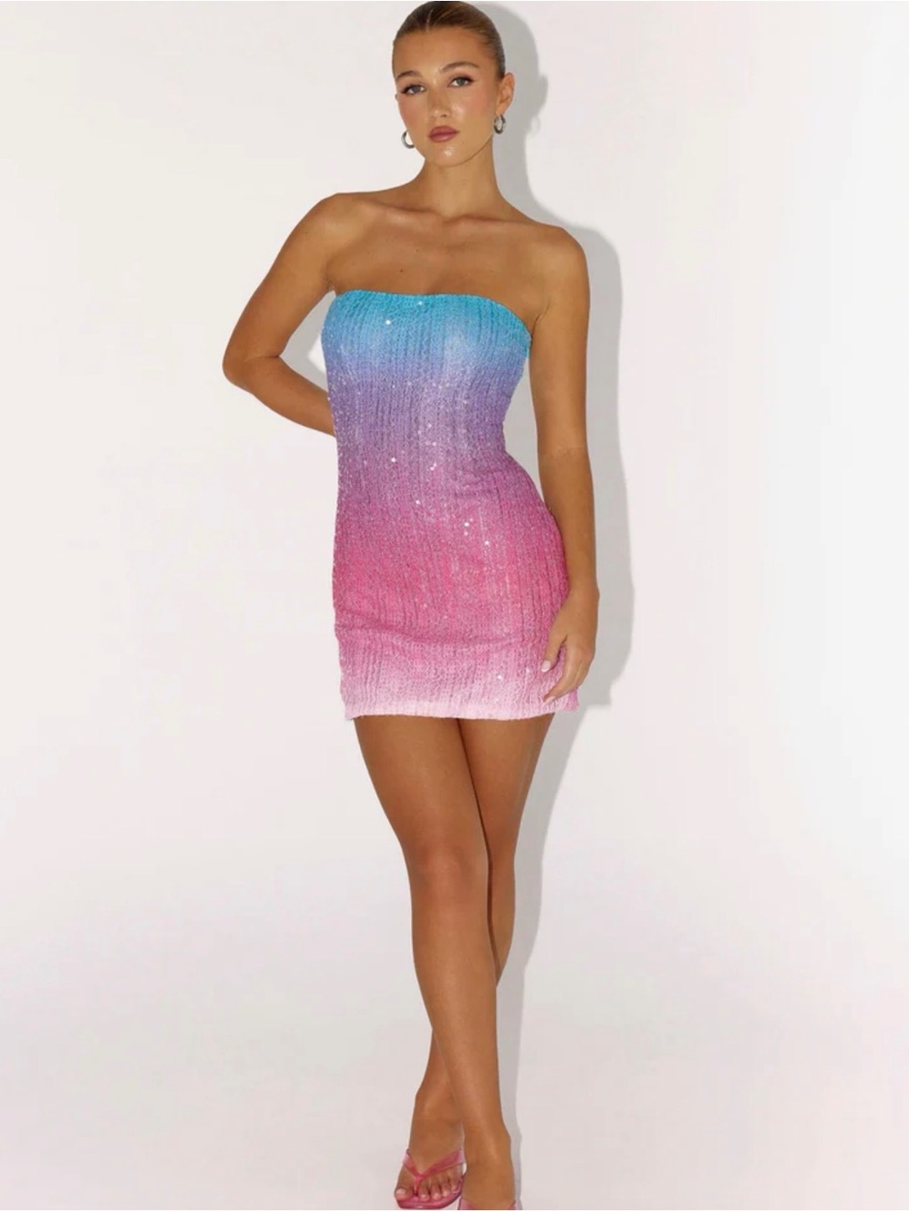 Peppermayo Step Closer Strapless Ombre Sequin Bodycon Mini Dress - Blue to Pink